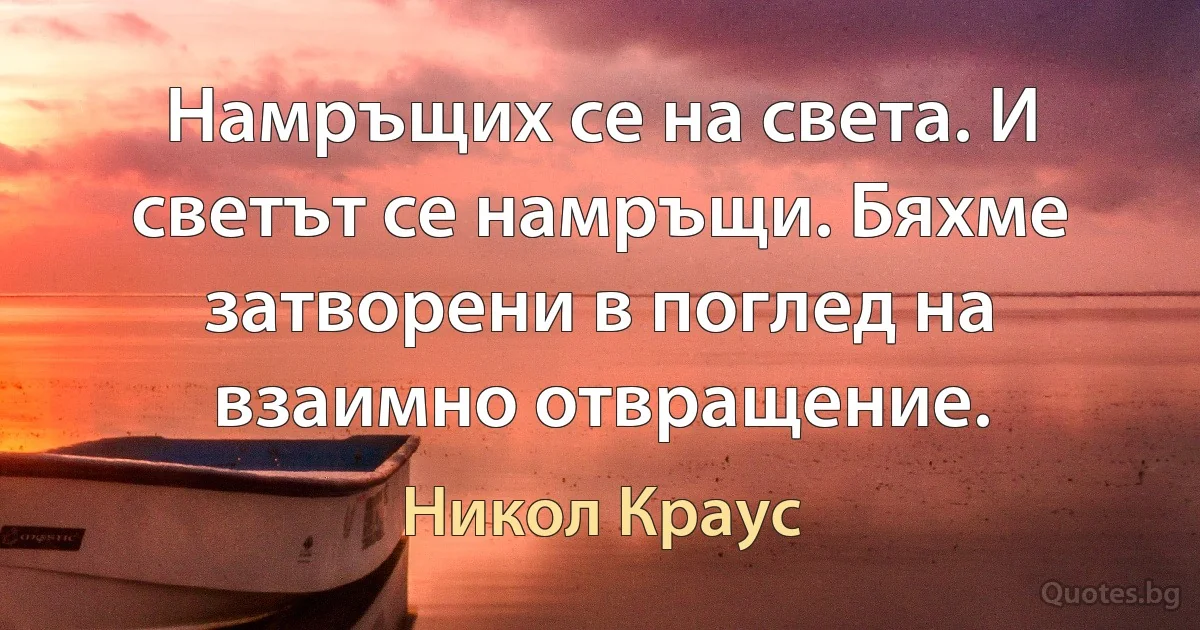 Намръщих се на света. И светът се намръщи. Бяхме затворени в поглед на взаимно отвращение. (Никол Краус)