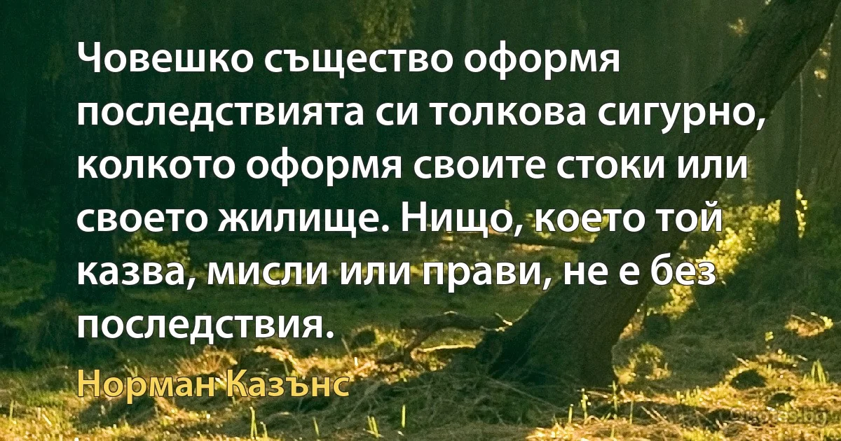 Човешко същество оформя последствията си толкова сигурно, колкото оформя своите стоки или своето жилище. Нищо, което той казва, мисли или прави, не е без последствия. (Норман Казънс)