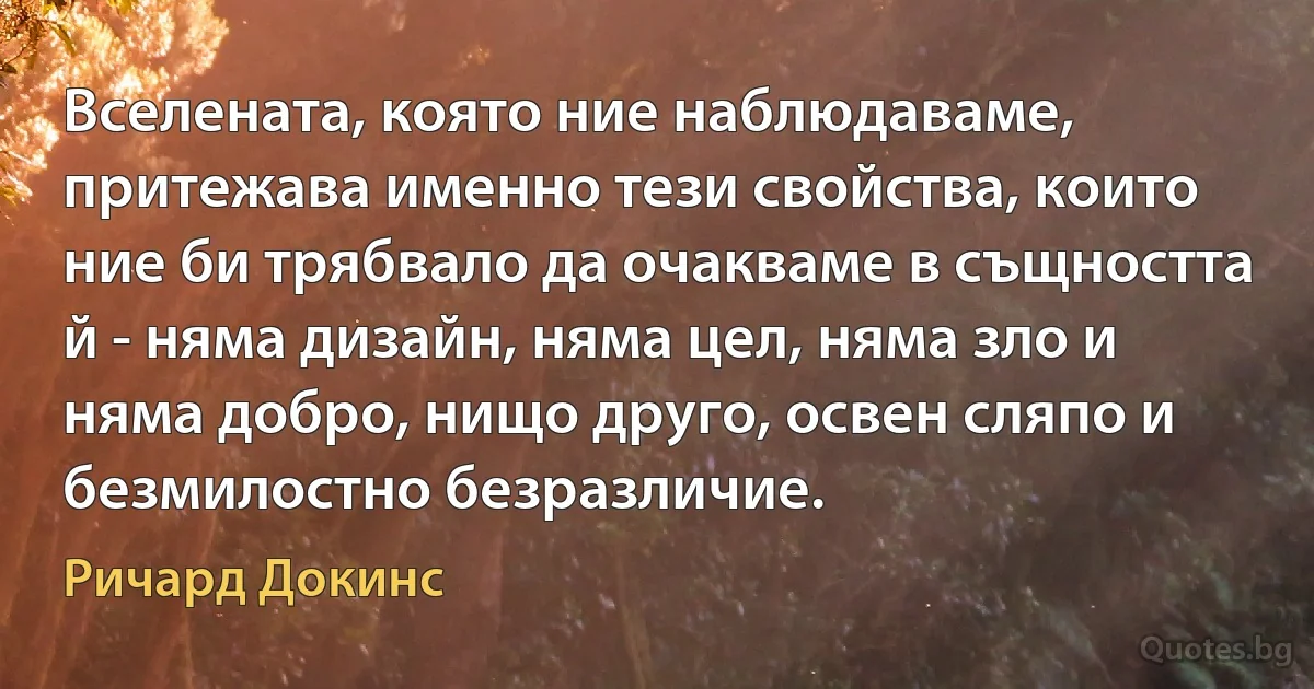 Вселената, която ние наблюдаваме, притежава именно тези свойства, които ние би трябвало да очакваме в същността й - няма дизайн, няма цел, няма зло и няма добро, нищо друго, освен сляпо и безмилостно безразличие. (Ричард Докинс)