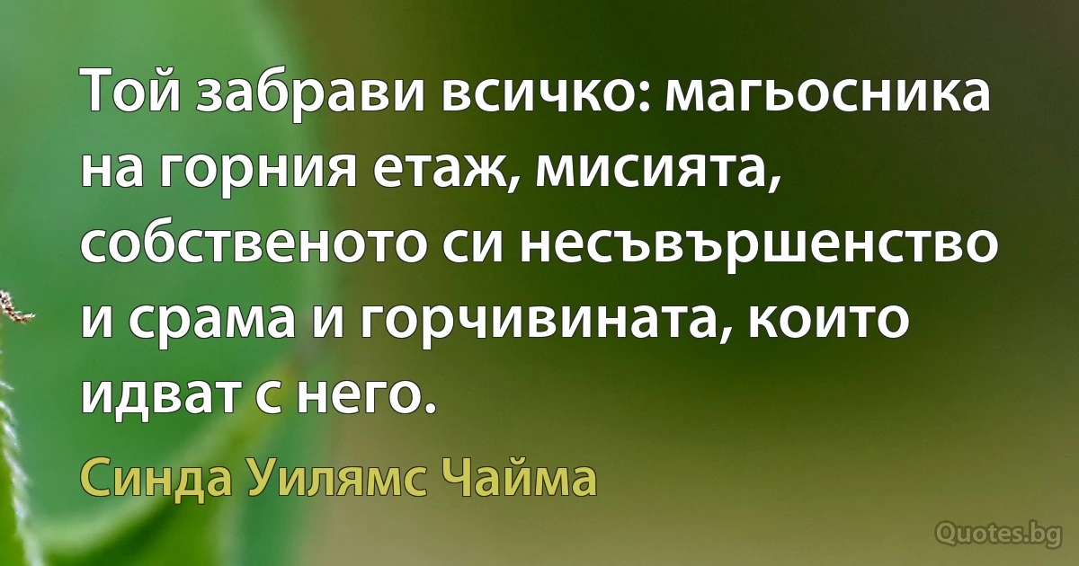 Той забрави всичко: магьосника на горния етаж, мисията, собственото си несъвършенство и срама и горчивината, които идват с него. (Синда Уилямс Чайма)