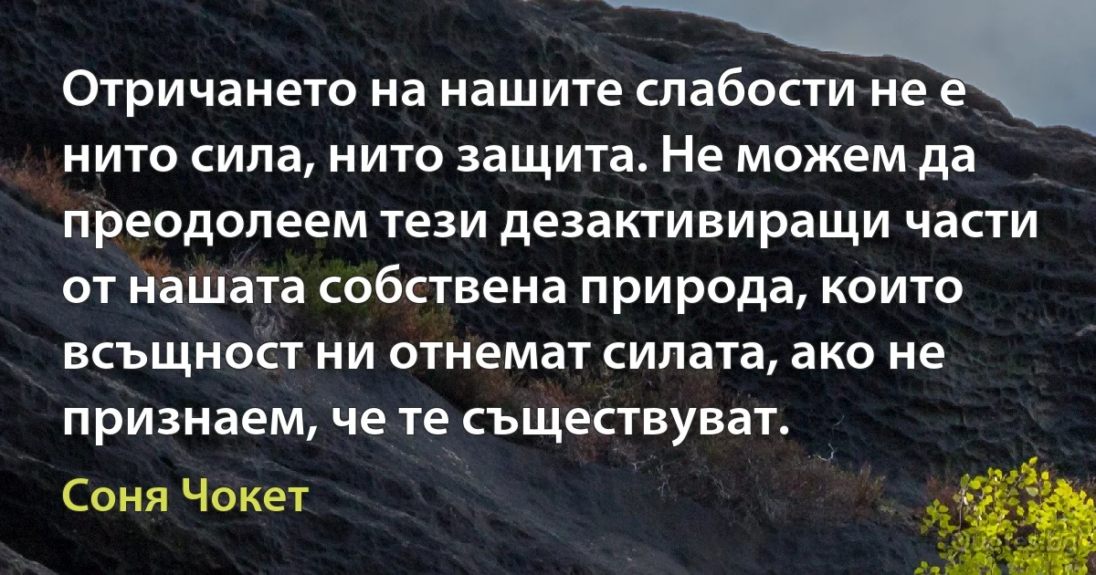 Отричането на нашите слабости не е нито сила, нито защита. Не можем да преодолеем тези дезактивиращи части от нашата собствена природа, които всъщност ни отнемат силата, ако не признаем, че те съществуват. (Соня Чокет)