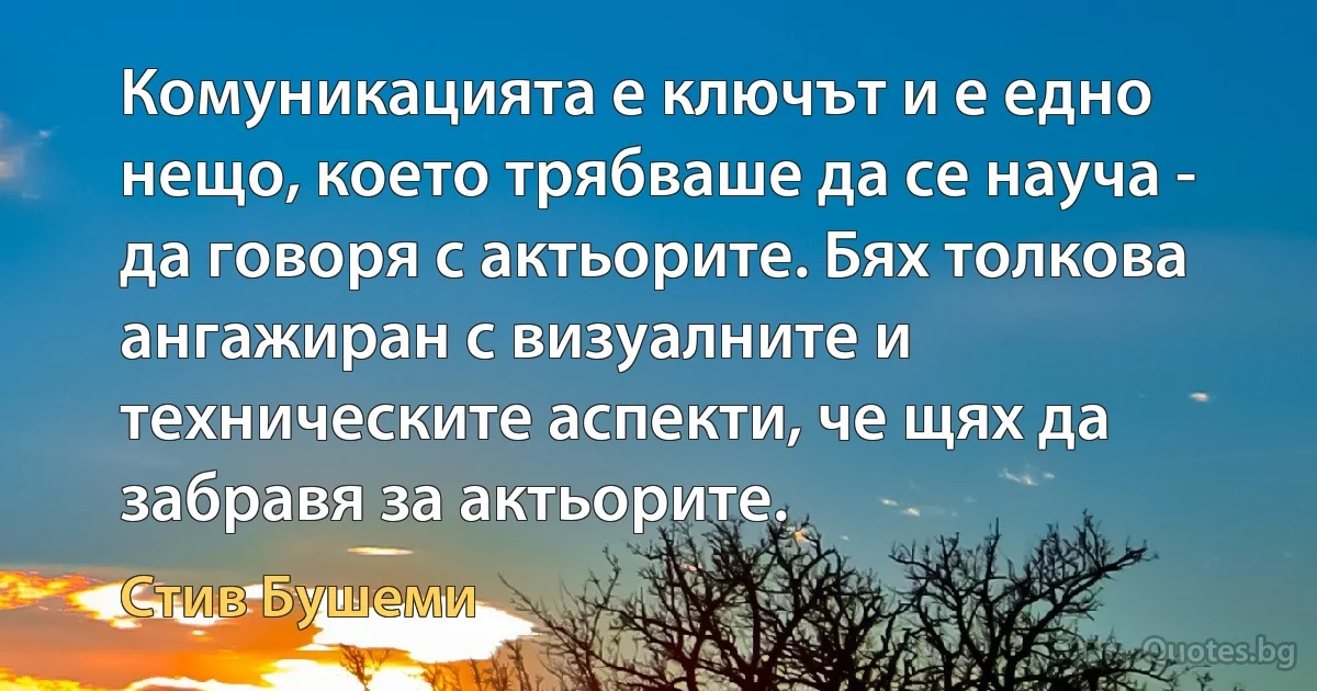 Комуникацията е ключът и е едно нещо, което трябваше да се науча - да говоря с актьорите. Бях толкова ангажиран с визуалните и техническите аспекти, че щях да забравя за актьорите. (Стив Бушеми)