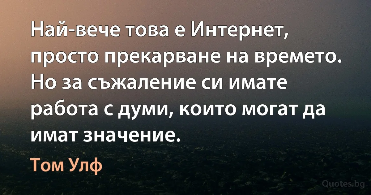 Най-вече това е Интернет, просто прекарване на времето. Но за съжаление си имате работа с думи, които могат да имат значение. (Том Улф)