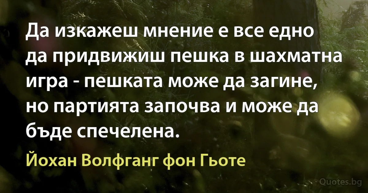 Да изкажеш мнение е все едно да придвижиш пешка в шахматна игра - пешката може да загине, но партията започва и може да бъде спечелена. (Йохан Волфганг фон Гьоте)