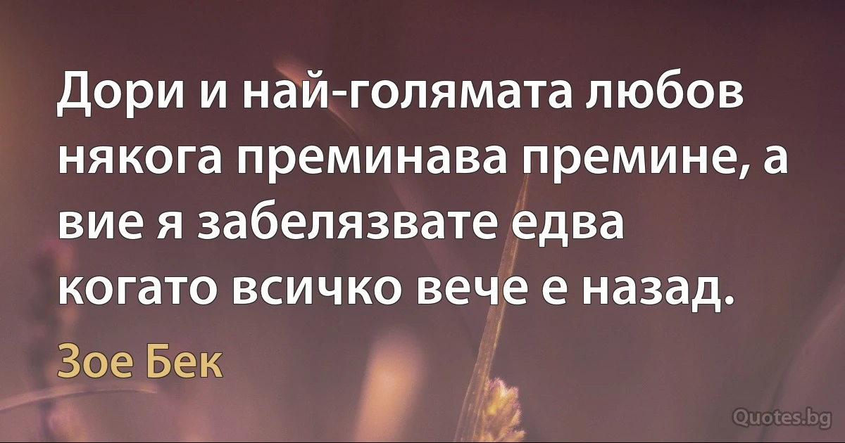 Дори и най-голямата любов някога преминава премине, а вие я забелязвате едва когато всичко вече е назад. (Зое Бек)