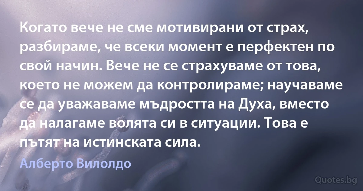 Когато вече не сме мотивирани от страх, разбираме, че всеки момент е перфектен по свой начин. Вече не се страхуваме от това, което не можем да контролираме; научаваме се да уважаваме мъдростта на Духа, вместо да налагаме волята си в ситуации. Това е пътят на истинската сила. (Алберто Вилолдо)