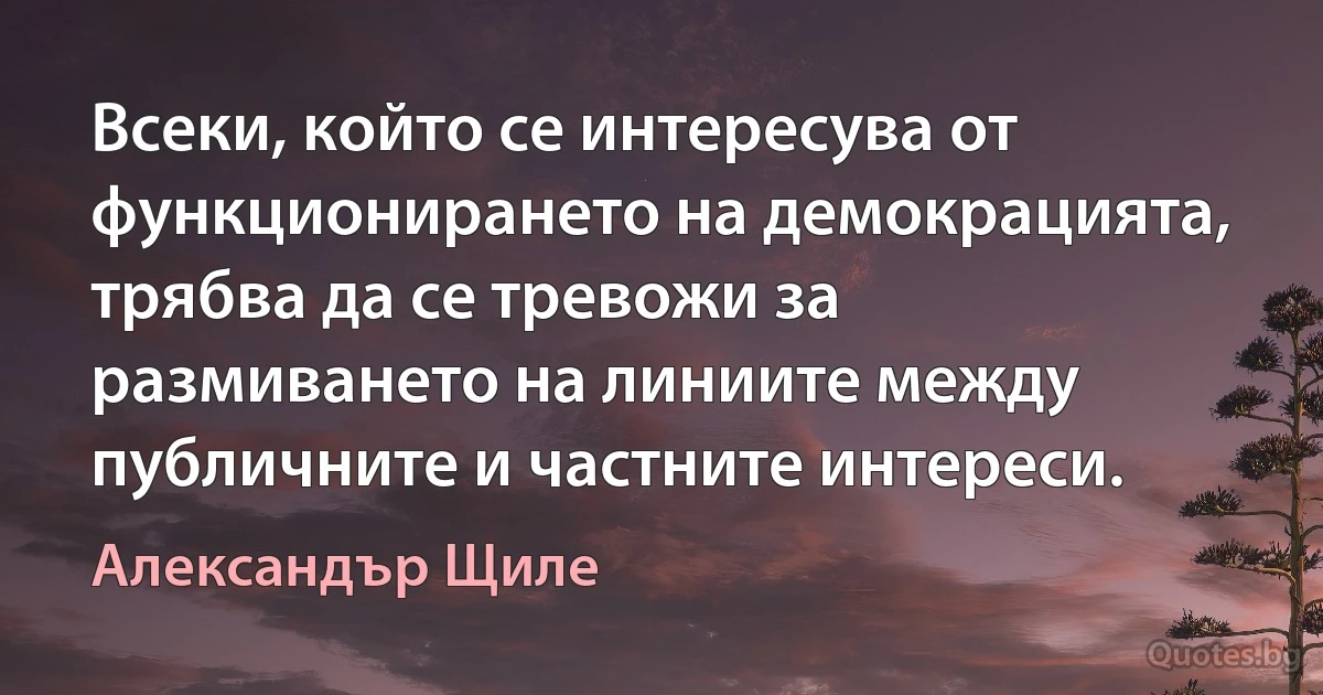 Всеки, който се интересува от функционирането на демокрацията, трябва да се тревожи за размиването на линиите между публичните и частните интереси. (Александър Щиле)