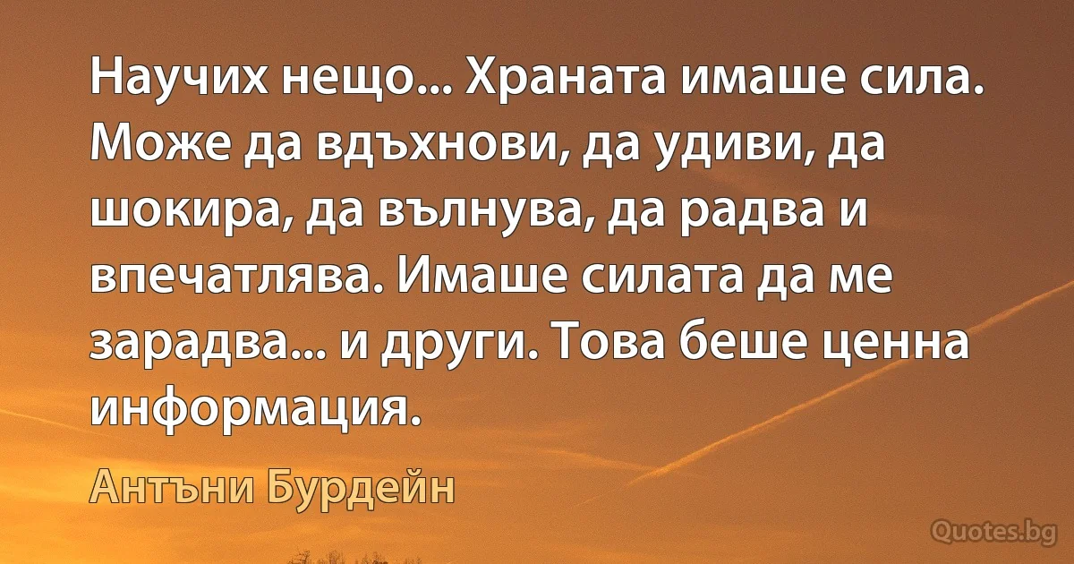 Научих нещо... Храната имаше сила. Може да вдъхнови, да удиви, да шокира, да вълнува, да радва и впечатлява. Имаше силата да ме зарадва... и други. Това беше ценна информация. (Антъни Бурдейн)