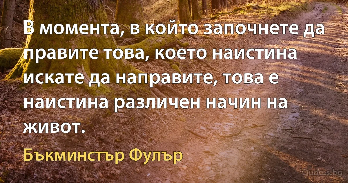 В момента, в който започнете да правите това, което наистина искате да направите, това е наистина различен начин на живот. (Бъкминстър Фулър)