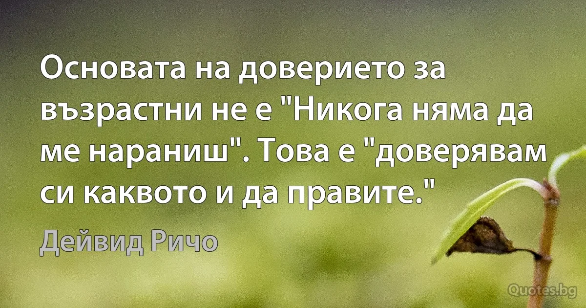 Основата на доверието за възрастни не е "Никога няма да ме нараниш". Това е "доверявам си каквото и да правите." (Дейвид Ричо)