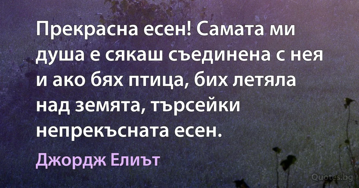 Прекрасна есен! Самата ми душа е сякаш съединена с нея и ако бях птица, бих летяла над земята, търсейки непрекъсната есен. (Джордж Елиът)