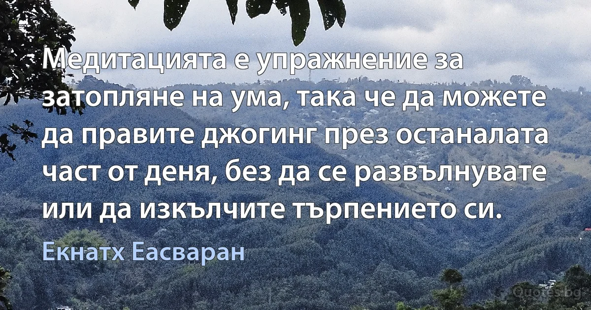 Медитацията е упражнение за затопляне на ума, така че да можете да правите джогинг през останалата част от деня, без да се развълнувате или да изкълчите търпението си. (Екнатх Еасваран)