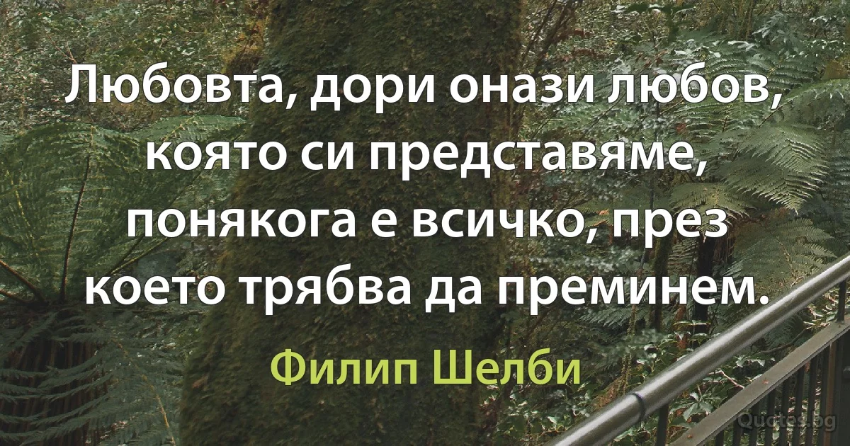 Любовта, дори онази любов, която си представяме, понякога е всичко, през което трябва да преминем. (Филип Шелби)