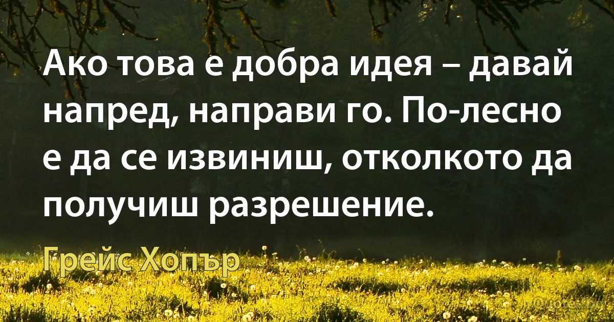 Ако това е добра идея – давай напред, направи го. По-лесно е да се извиниш, отколкото да получиш разрешение. (Грейс Хопър)