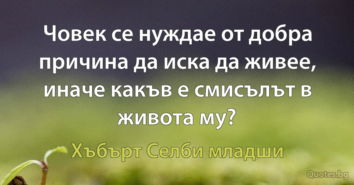 Човек се нуждае от добра причина да иска да живее, иначе какъв е смисълът в живота му? (Хъбърт Селби младши)