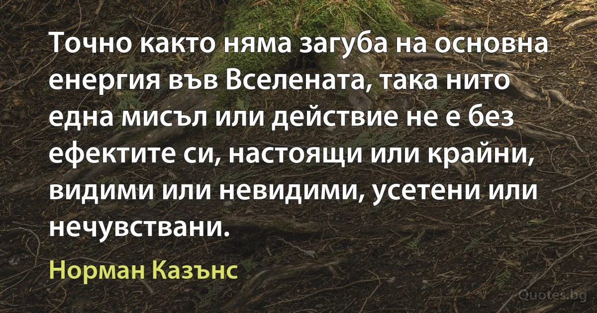 Точно както няма загуба на основна енергия във Вселената, така нито една мисъл или действие не е без ефектите си, настоящи или крайни, видими или невидими, усетени или нечувствани. (Норман Казънс)