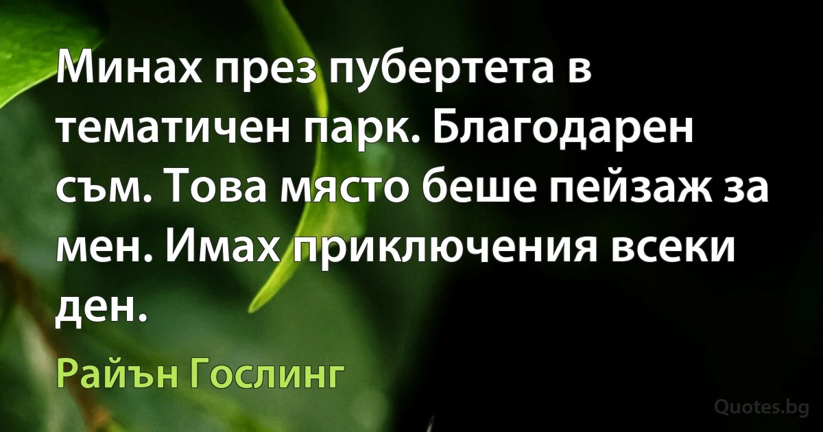 Минах през пубертета в тематичен парк. Благодарен съм. Това място беше пейзаж за мен. Имах приключения всеки ден. (Райън Гослинг)