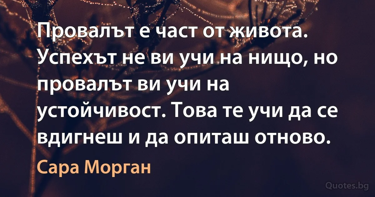 Провалът е част от живота. Успехът не ви учи на нищо, но провалът ви учи на устойчивост. Това те учи да се вдигнеш и да опиташ отново. (Сара Морган)