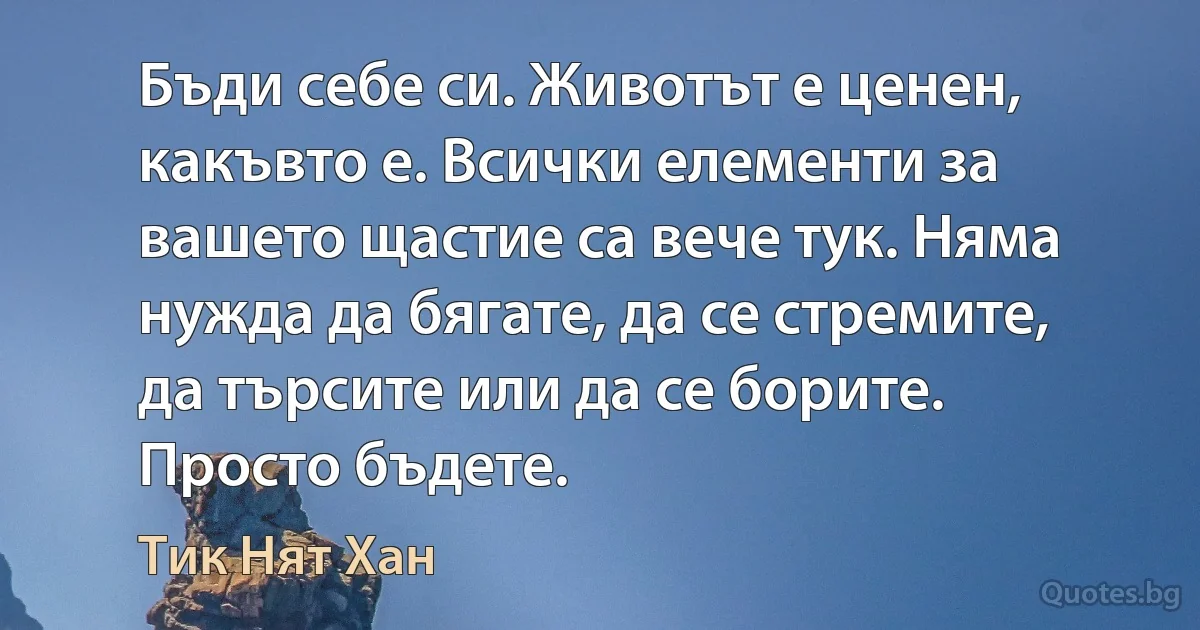 Бъди себе си. Животът е ценен, какъвто е. Всички елементи за вашето щастие са вече тук. Няма нужда да бягате, да се стремите, да търсите или да се борите. Просто бъдете. (Тик Нят Хан)