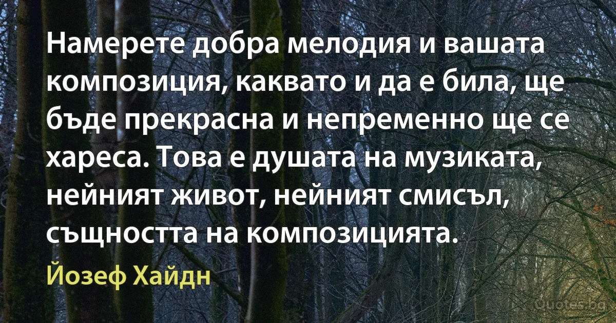 Намерете добра мелодия и вашата композиция, каквато и да е била, ще бъде прекрасна и непременно ще се хареса. Това е душата на музиката, нейният живот, нейният смисъл, същността на композицията. (Йозеф Хайдн)