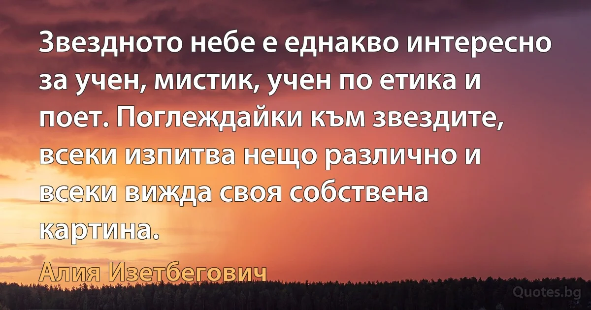 Звездното небе е еднакво интересно за учен, мистик, учен по етика и поет. Поглеждайки към звездите, всеки изпитва нещо различно и всеки вижда своя собствена картина. (Алия Изетбегович)