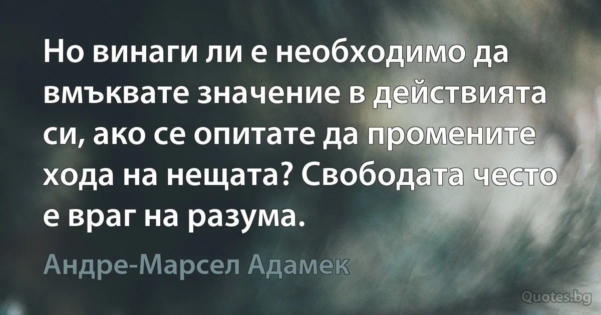 Но винаги ли е необходимо да вмъквате значение в действията си, ако се опитате да промените хода на нещата? Свободата често е враг на разума. (Андре-Марсел Адамек)