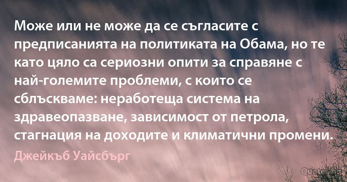 Може или не може да се съгласите с предписанията на политиката на Обама, но те като цяло са сериозни опити за справяне с най-големите проблеми, с които се сблъскваме: неработеща система на здравеопазване, зависимост от петрола, стагнация на доходите и климатични промени. (Джейкъб Уайсбърг)