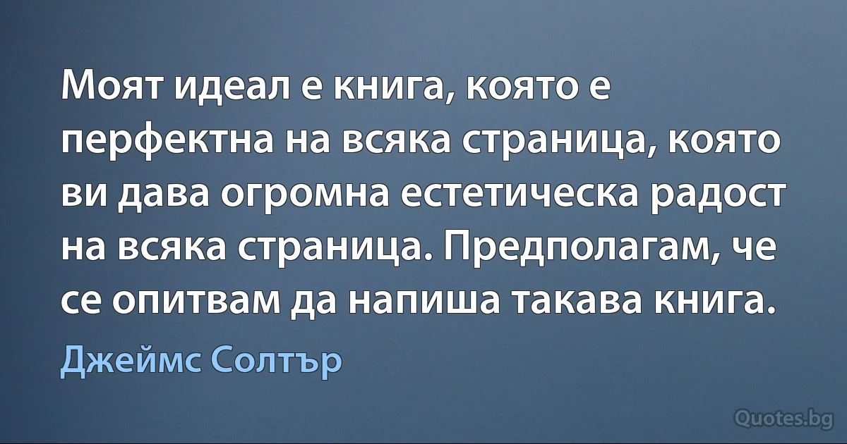 Моят идеал е книга, която е перфектна на всяка страница, която ви дава огромна естетическа радост на всяка страница. Предполагам, че се опитвам да напиша такава книга. (Джеймс Солтър)