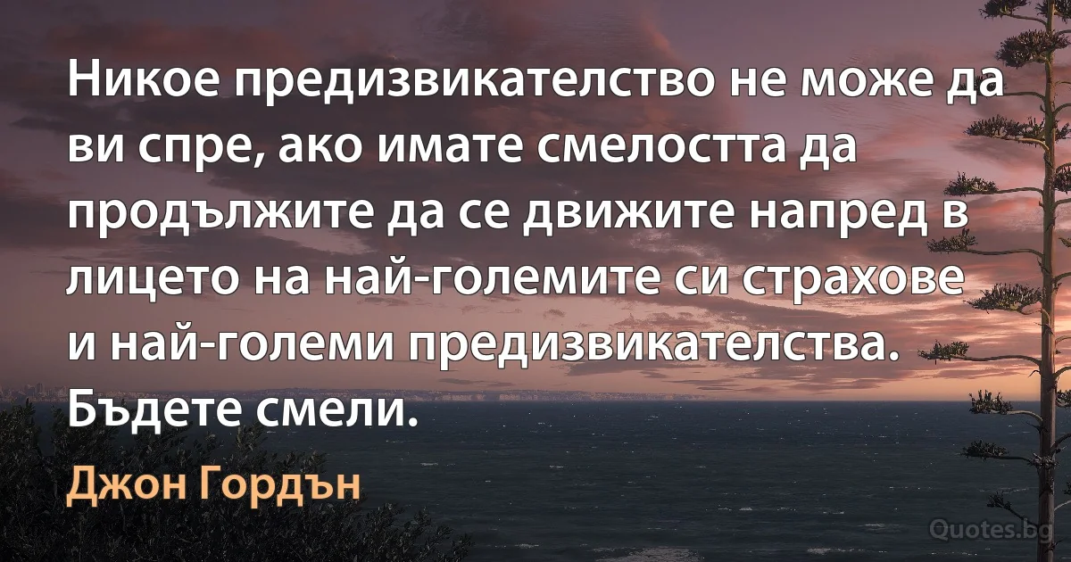 Никое предизвикателство не може да ви спре, ако имате смелостта да продължите да се движите напред в лицето на най-големите си страхове и най-големи предизвикателства. Бъдете смели. (Джон Гордън)