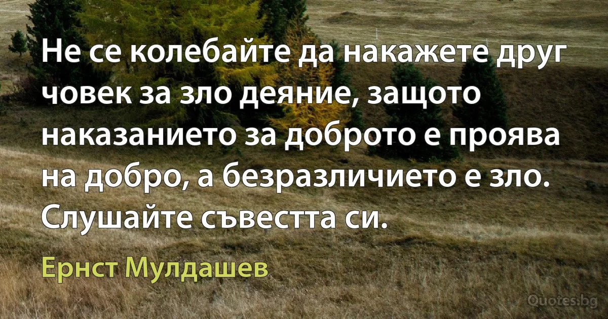 Не се колебайте да накажете друг човек за зло деяние, защото наказанието за доброто е проява на добро, а безразличието е зло. Слушайте съвестта си. (Ернст Мулдашев)