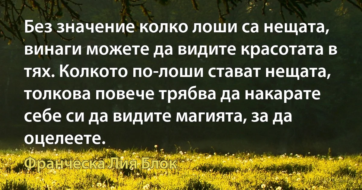 Без значение колко лоши са нещата, винаги можете да видите красотата в тях. Колкото по-лоши стават нещата, толкова повече трябва да накарате себе си да видите магията, за да оцелеете. (Франческа Лия Блок)