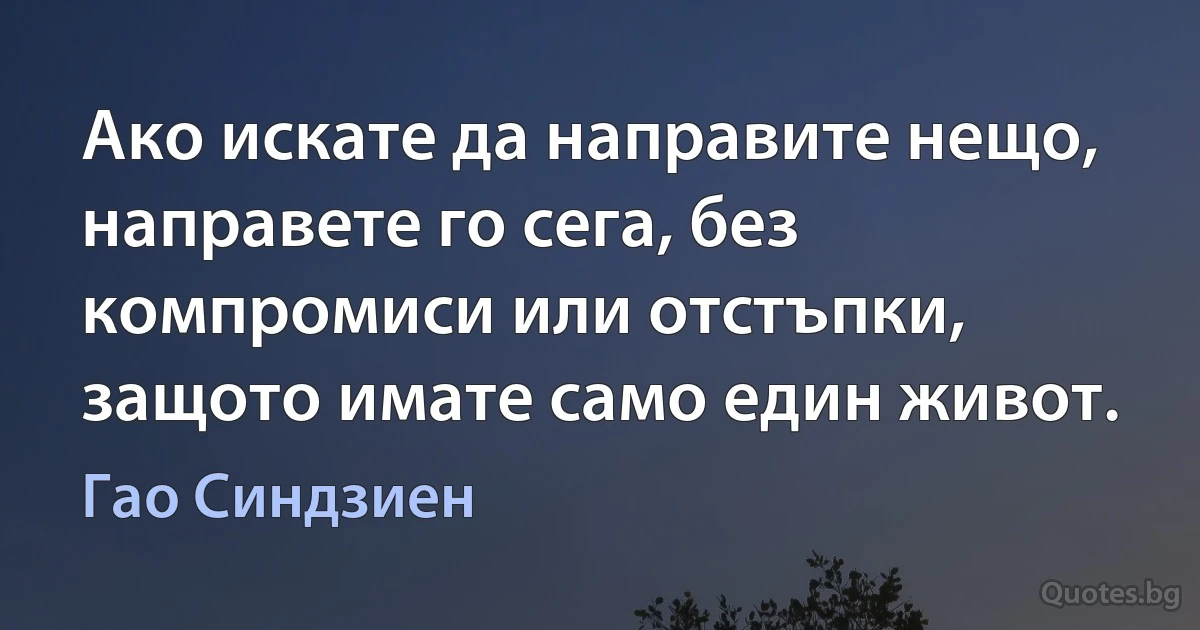 Ако искате да направите нещо, направете го сега, без компромиси или отстъпки, защото имате само един живот. (Гао Синдзиен)