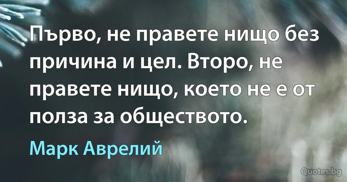 Първо, не правете нищо без причина и цел. Второ, не правете нищо, което не е от полза за обществото. (Марк Аврелий)