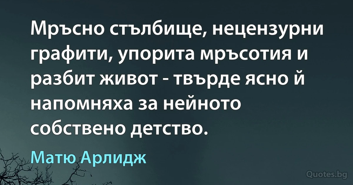 Мръсно стълбище, нецензурни графити, упорита мръсотия и разбит живот - твърде ясно й напомняха за нейното собствено детство. (Матю Арлидж)