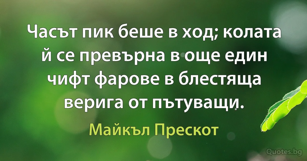 Часът пик беше в ход; колата й се превърна в още един чифт фарове в блестяща верига от пътуващи. (Майкъл Прескот)