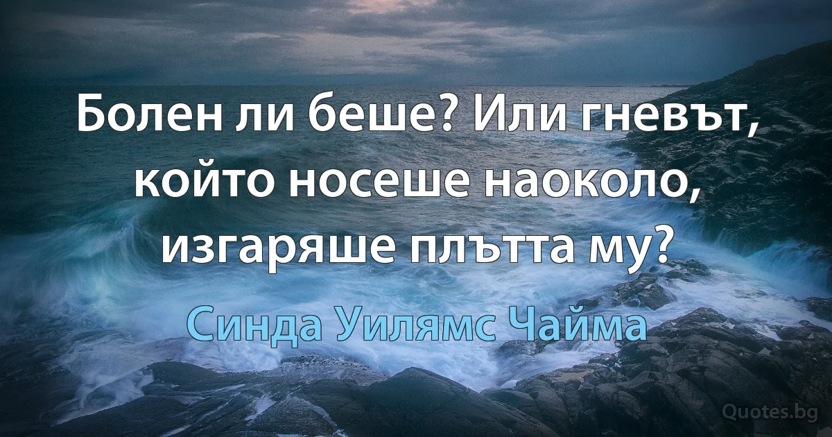 Болен ли беше? Или гневът, който носеше наоколо, изгаряше плътта му? (Синда Уилямс Чайма)