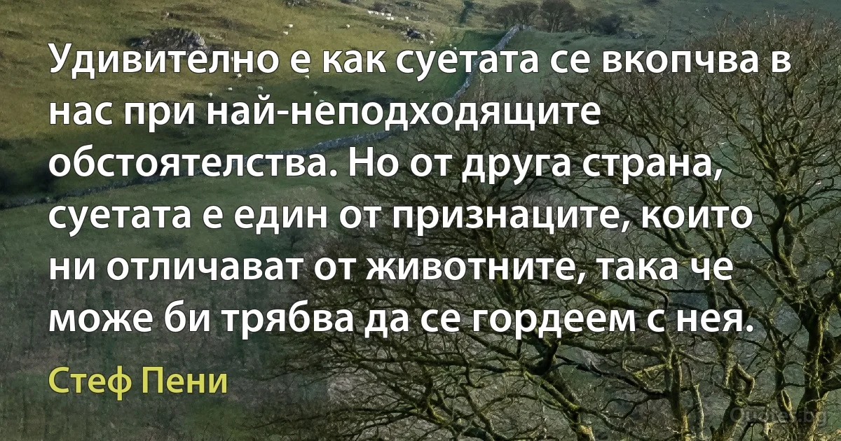 Удивително е как суетата се вкопчва в нас при най-неподходящите обстоятелства. Но от друга страна, суетата е един от признаците, които ни отличават от животните, така че може би трябва да се гордеем с нея. (Стеф Пени)