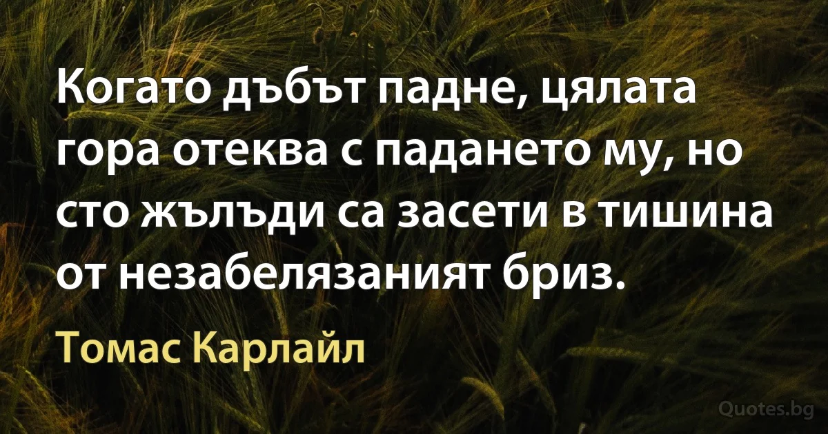 Когато дъбът падне, цялата гора отеква с падането му, но сто жълъди са засети в тишина от незабелязаният бриз. (Томас Карлайл)