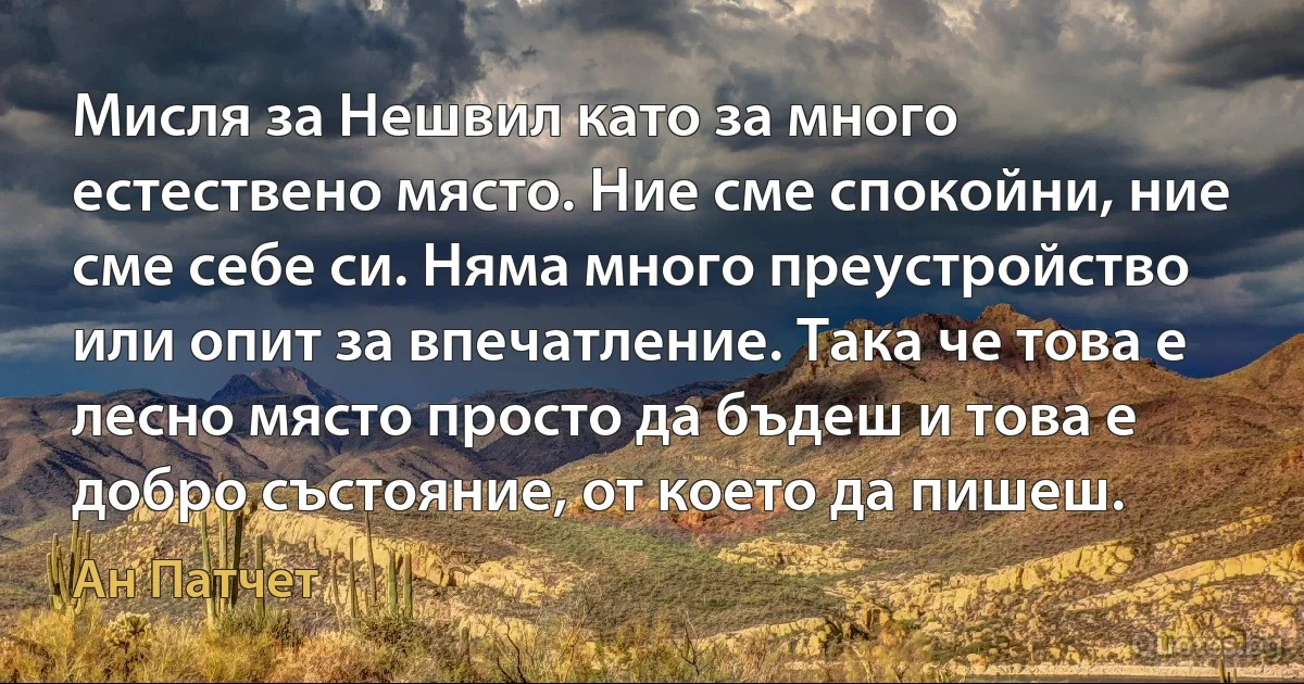 Мисля за Нешвил като за много естествено място. Ние сме спокойни, ние сме себе си. Няма много преустройство или опит за впечатление. Така че това е лесно място просто да бъдеш и това е добро състояние, от което да пишеш. (Ан Патчет)