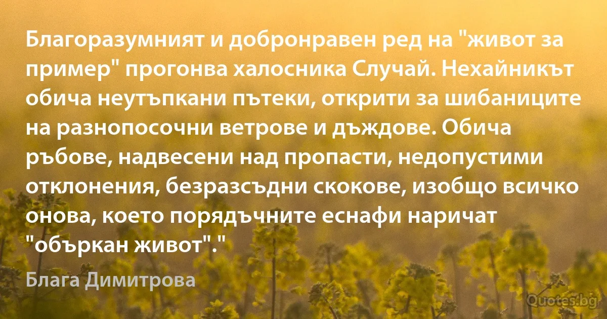 Благоразумният и добронравен ред на "живот за пример" прогонва халосника Случай. Нехайникът обича неутъпкани пътеки, открити за шибаниците на разнопосочни ветрове и дъждове. Обича ръбове, надвесени над пропасти, недопустими отклонения, безразсъдни скокове, изобщо всичко онова, което порядъчните еснафи наричат "объркан живот"." (Блага Димитрова)