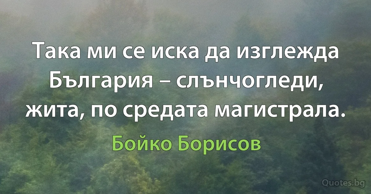 Така ми се иска да изглежда България – слънчогледи, жита, по средата магистрала. (Бойко Борисов)