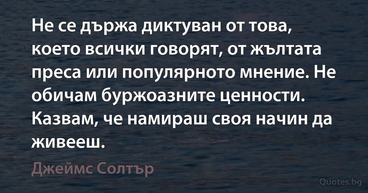 Не се държа диктуван от това, което всички говорят, от жълтата преса или популярното мнение. Не обичам буржоазните ценности. Казвам, че намираш своя начин да живееш. (Джеймс Солтър)