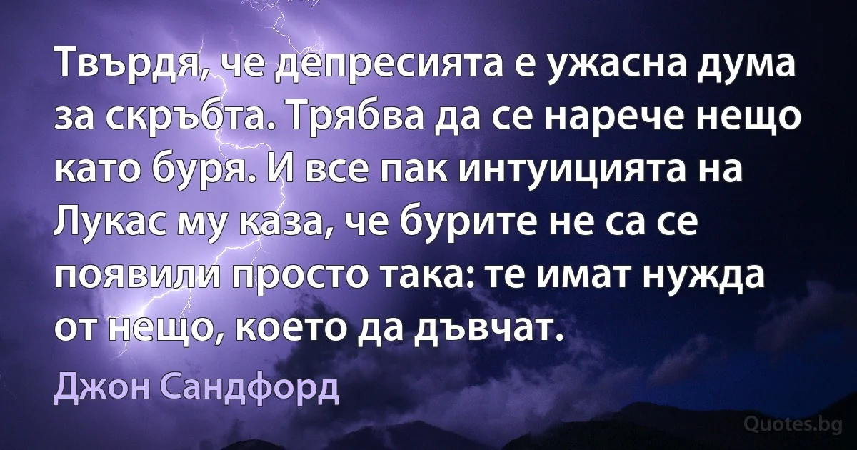 Твърдя, че депресията е ужасна дума за скръбта. Трябва да се нарече нещо като буря. И все пак интуицията на Лукас му каза, че бурите не са се появили просто така: те имат нужда от нещо, което да дъвчат. (Джон Сандфорд)