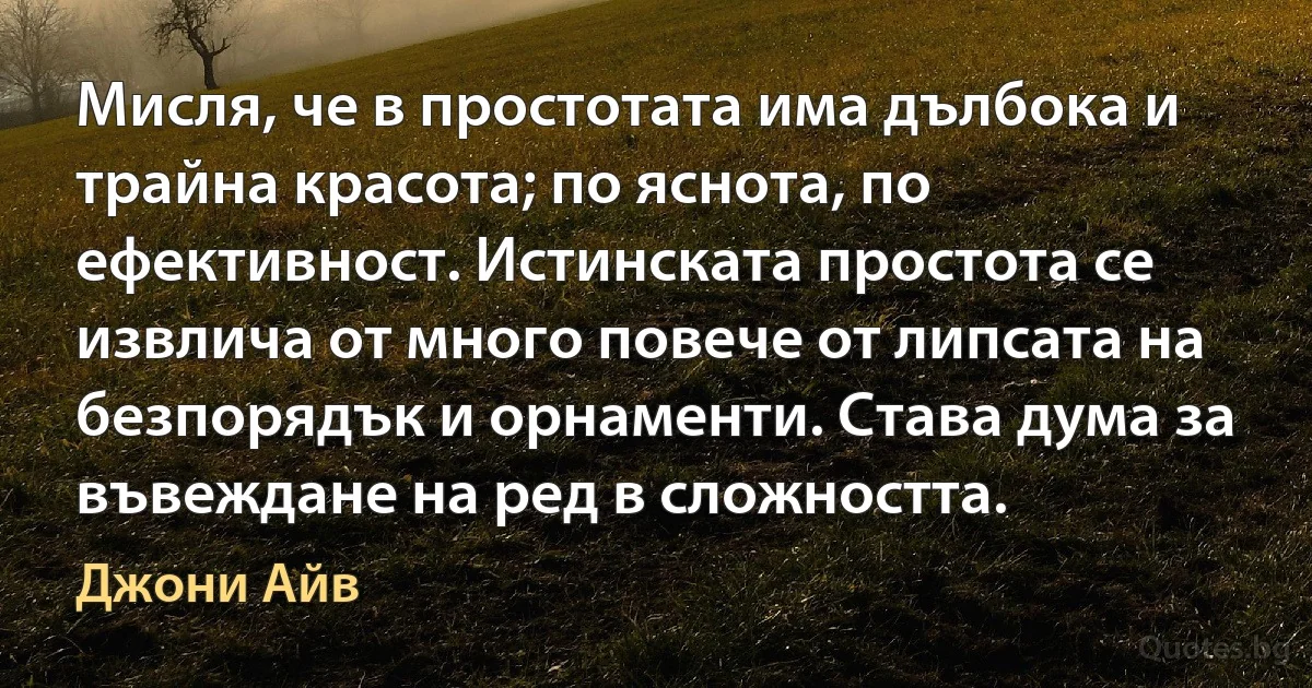 Мисля, че в простотата има дълбока и трайна красота; по яснота, по ефективност. Истинската простота се извлича от много повече от липсата на безпорядък и орнаменти. Става дума за въвеждане на ред в сложността. (Джони Айв)