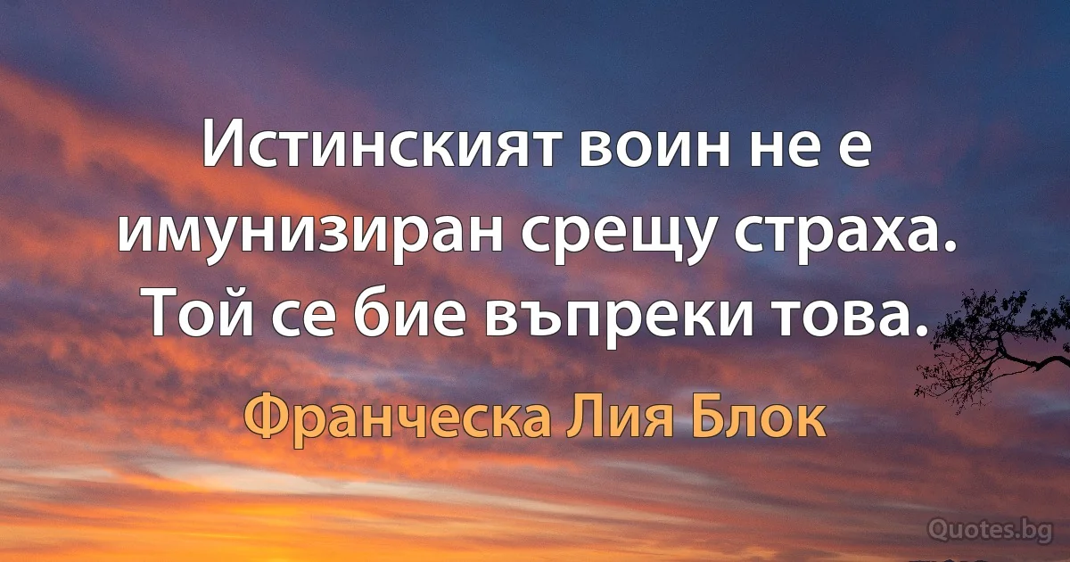 Истинският воин не е имунизиран срещу страха. Той се бие въпреки това. (Франческа Лия Блок)