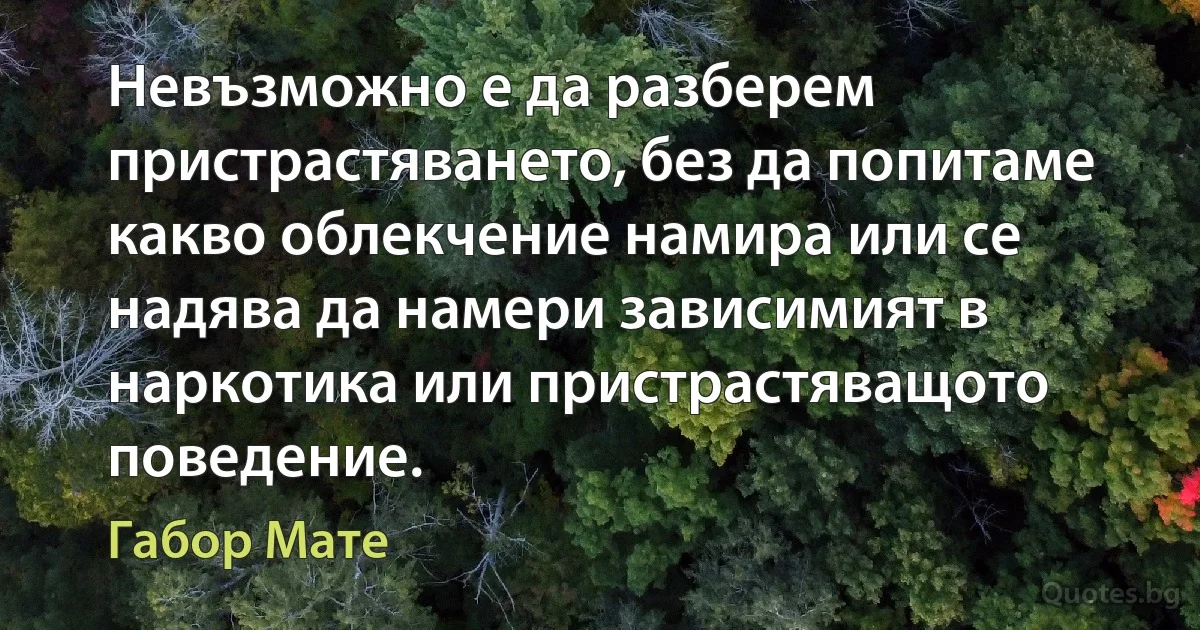 Невъзможно е да разберем пристрастяването, без да попитаме какво облекчение намира или се надява да намери зависимият в наркотика или пристрастяващото поведение. (Габор Мате)