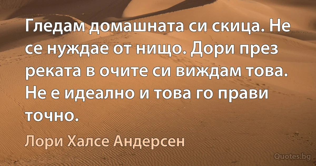 Гледам домашната си скица. Не се нуждае от нищо. Дори през реката в очите си виждам това. Не е идеално и това го прави точно. (Лори Халсе Андерсен)