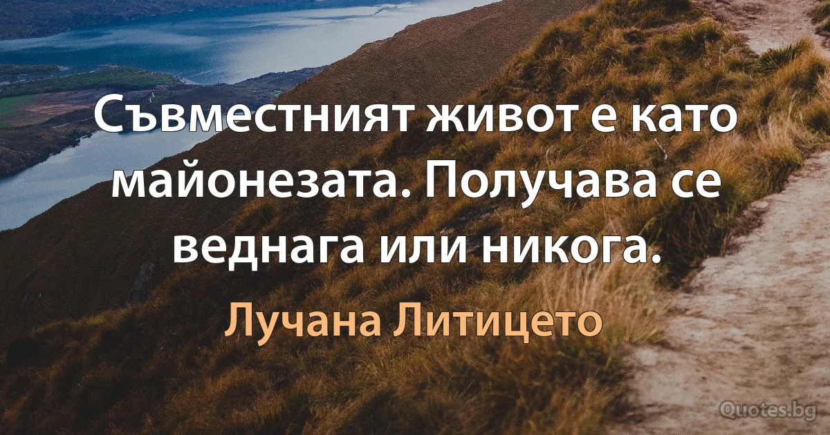 Съвместният живот е като майонезата. Получава се веднага или никога. (Лучана Литицето)