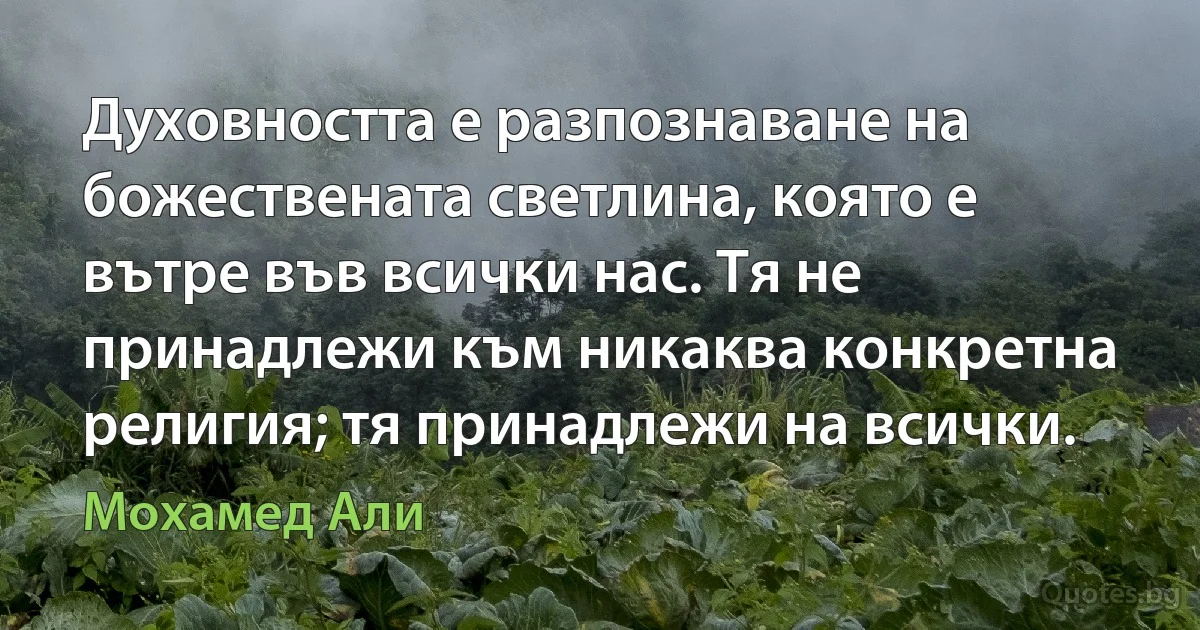 Духовността е разпознаване на божествената светлина, която е вътре във всички нас. Тя не принадлежи към никаква конкретна религия; тя принадлежи на всички. (Мохамед Али)