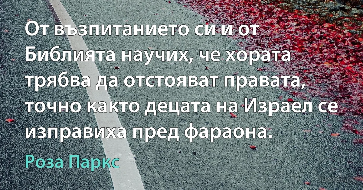 От възпитанието си и от Библията научих, че хората трябва да отстояват правата, точно както децата на Израел се изправиха пред фараона. (Роза Паркс)